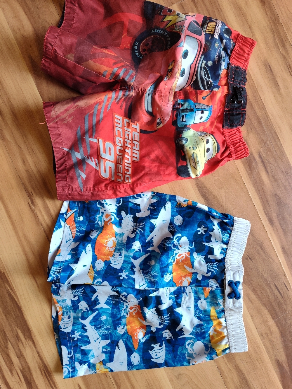 Disney Cars Red Lightning McQueen Swim Trunks + Blue Shark Print Swim Shorts